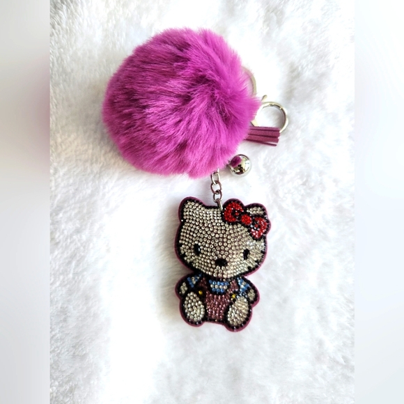 Purple Pom Pom Keychain with Rhinestone Hello Kitty Charm - Picture 1 of 5